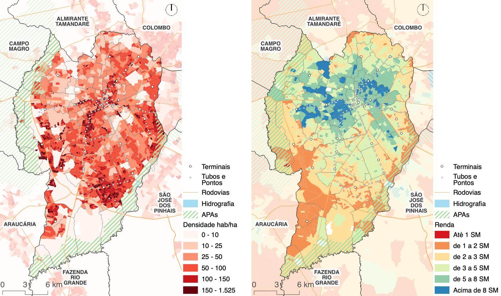 Densidade habitacional (hab/ha) e renda média (salários mínimos) em Curitiba - Dados do Censo IBGE 2010