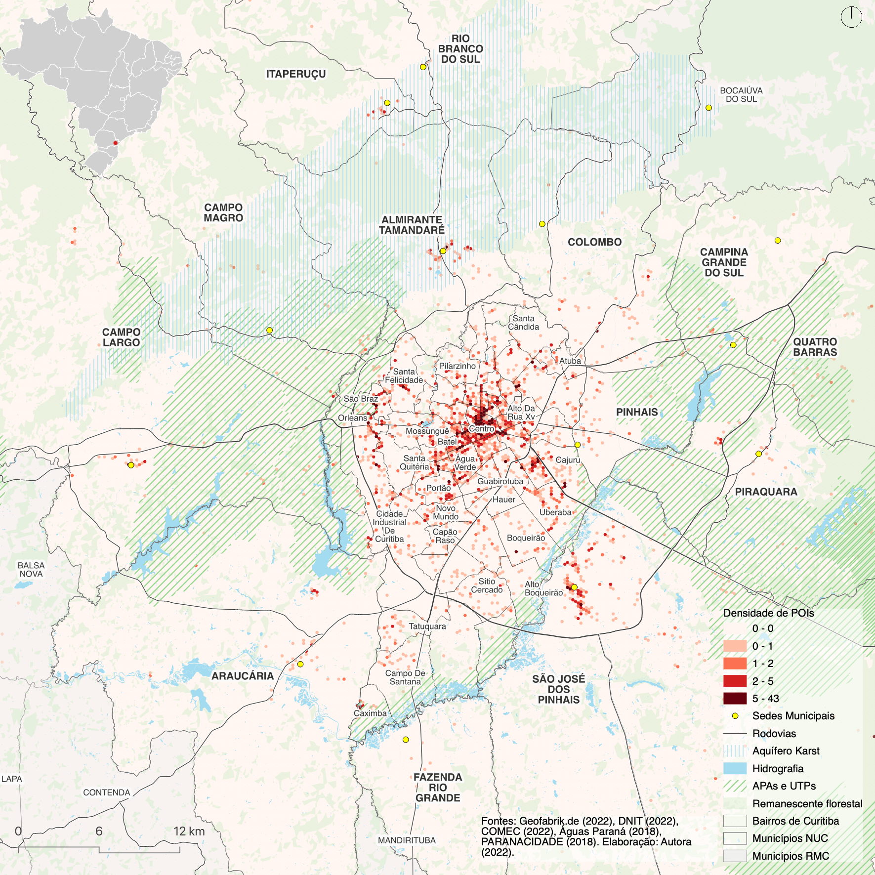 Densidade de Pontos de Interesse (POIs) no NUC - Mapa com malha hexagonal