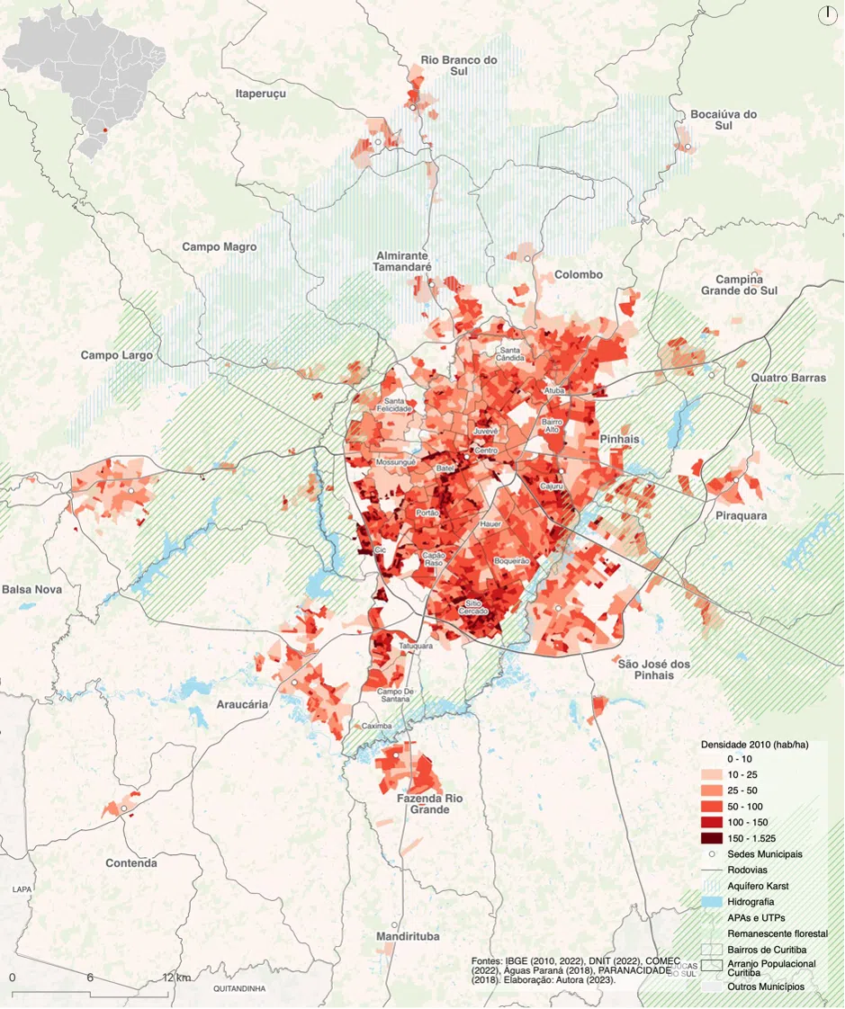 Mapa de densidade habitacional do Arranjo Populacional de Curitiba